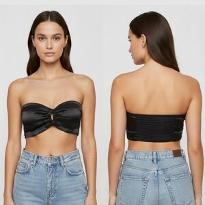 NWT Forever 21 Black Satin Ruched Strapless Crop Top S Y2K 2016